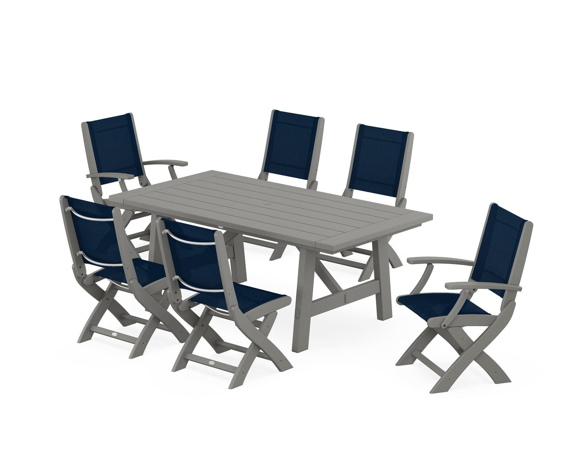 POLYWOOD Coastal Folding Chair 7-Piece Rustic Farmhouse Dining Set in Slate Grey / Navy Blue