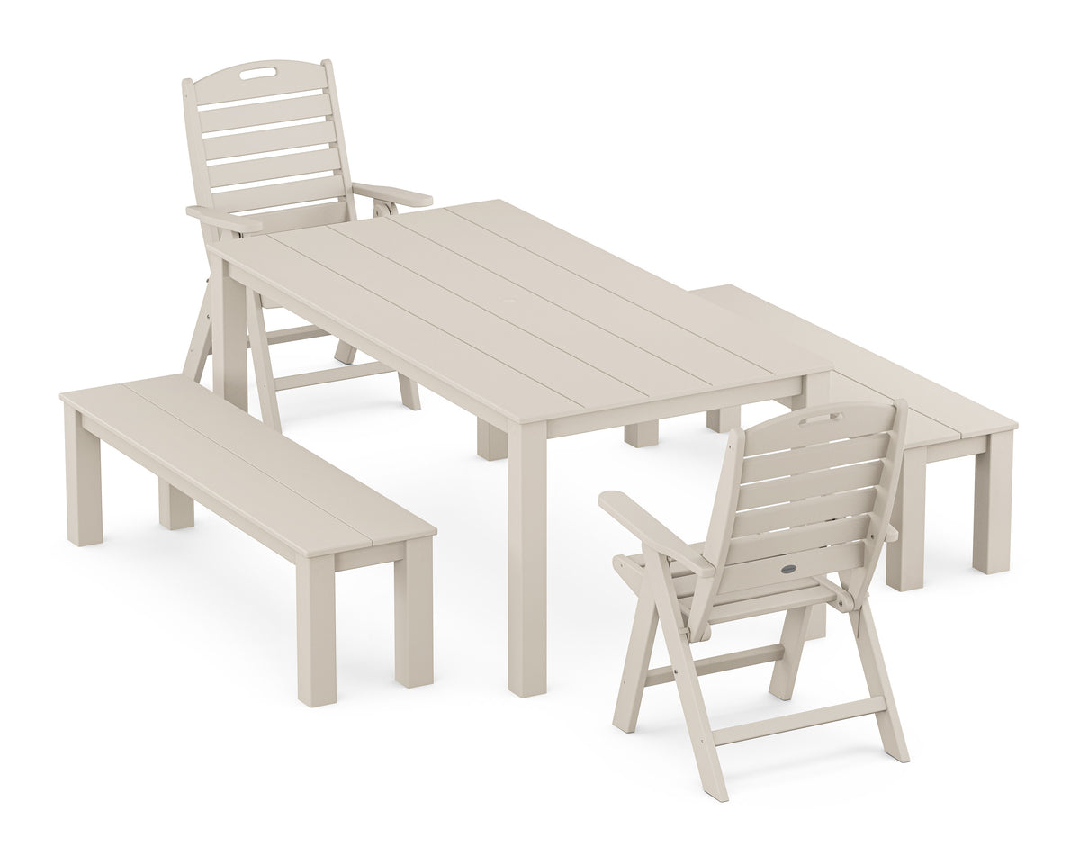 POLYWOOD Nautical Folding Highback Chair 5-Piece Parsons Dining Set with Benches in Sand