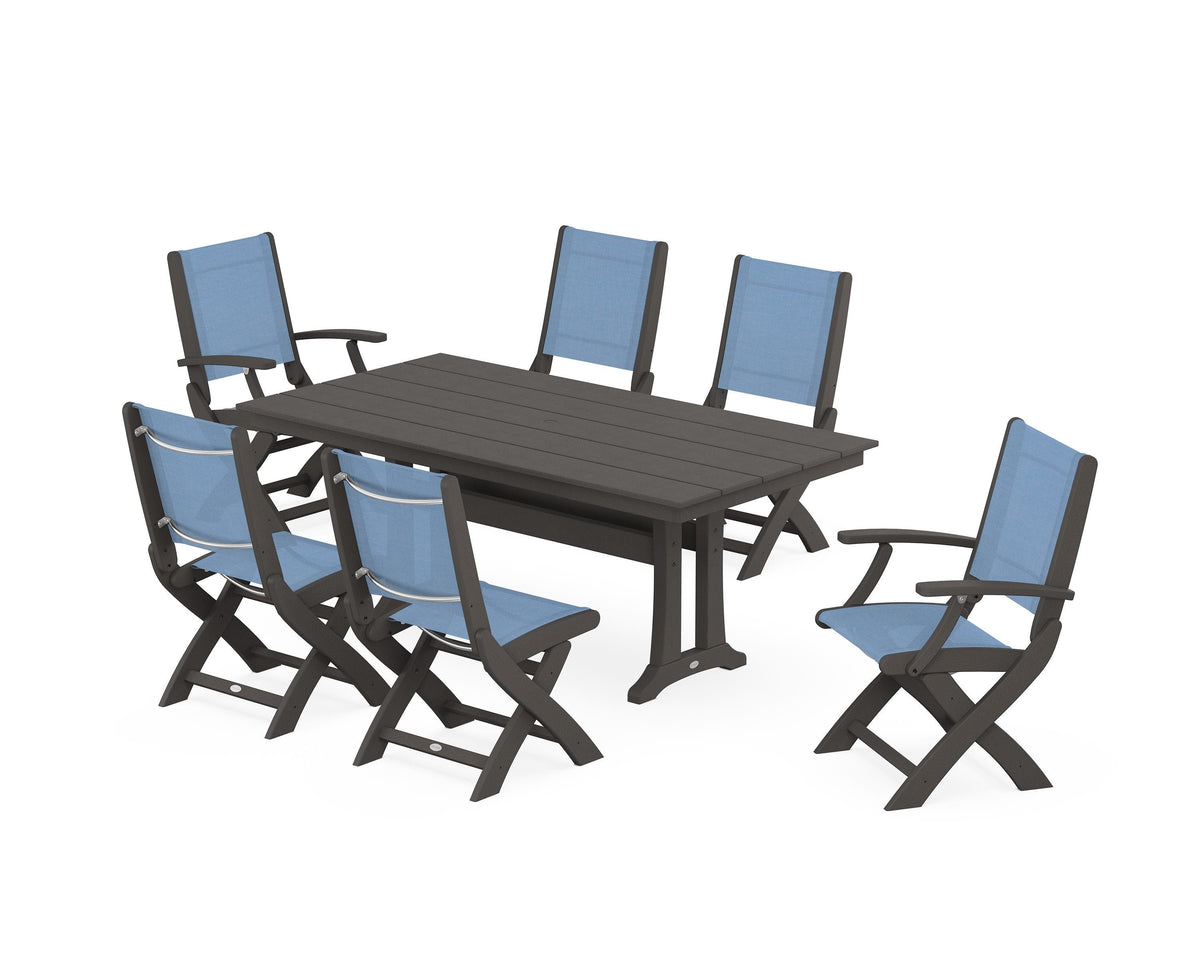 POLYWOOD Coastal Folding Chair 7-Piece Farmhouse Dining Set with Trestle Legs in Vintage Coffee / Poolside