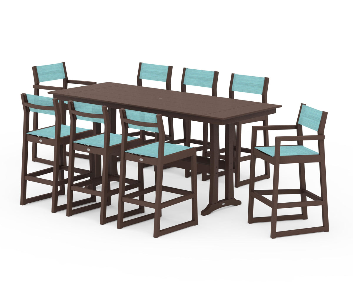 POLYWOOD EDGE Sling 9-Piece Farmhouse Bar Set with Trestle Legs in Mahogany / Dupioni Aquamarine