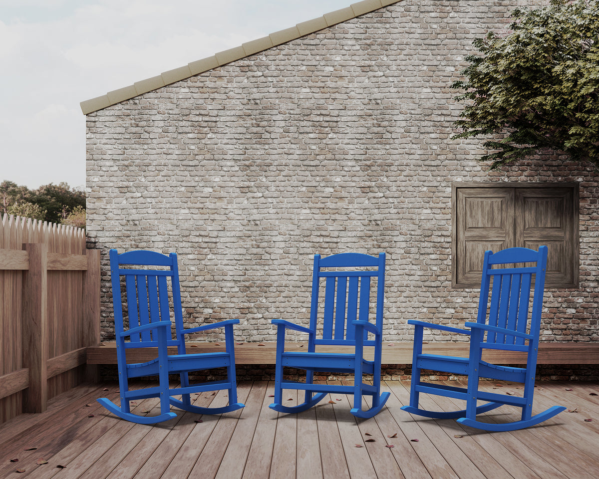 POLYWOOD Presidential Rocking Chair in Pacific Blue in an outdoor setting