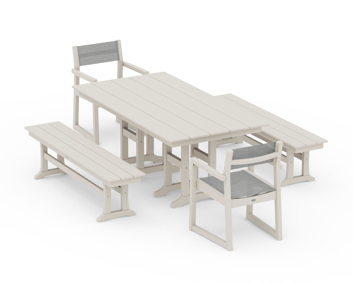 POLYWOOD EDGE Sling Arm Chair 5-Piece Farmhouse Dining Set with Benches in Sand / Metallic