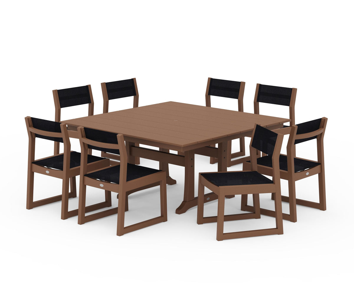 POLYWOOD EDGE Sling Side Chair 9-Piece Farmhouse Trestle Dining Set in Teak / Black