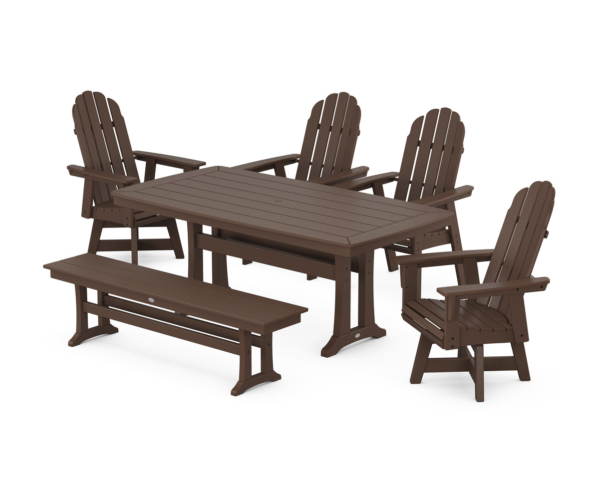 POLYWOOD Vineyard Curveback Adirondack Swivel Chair 6-Piece Dining Set with Trestle Legs and Bench in Mahogany