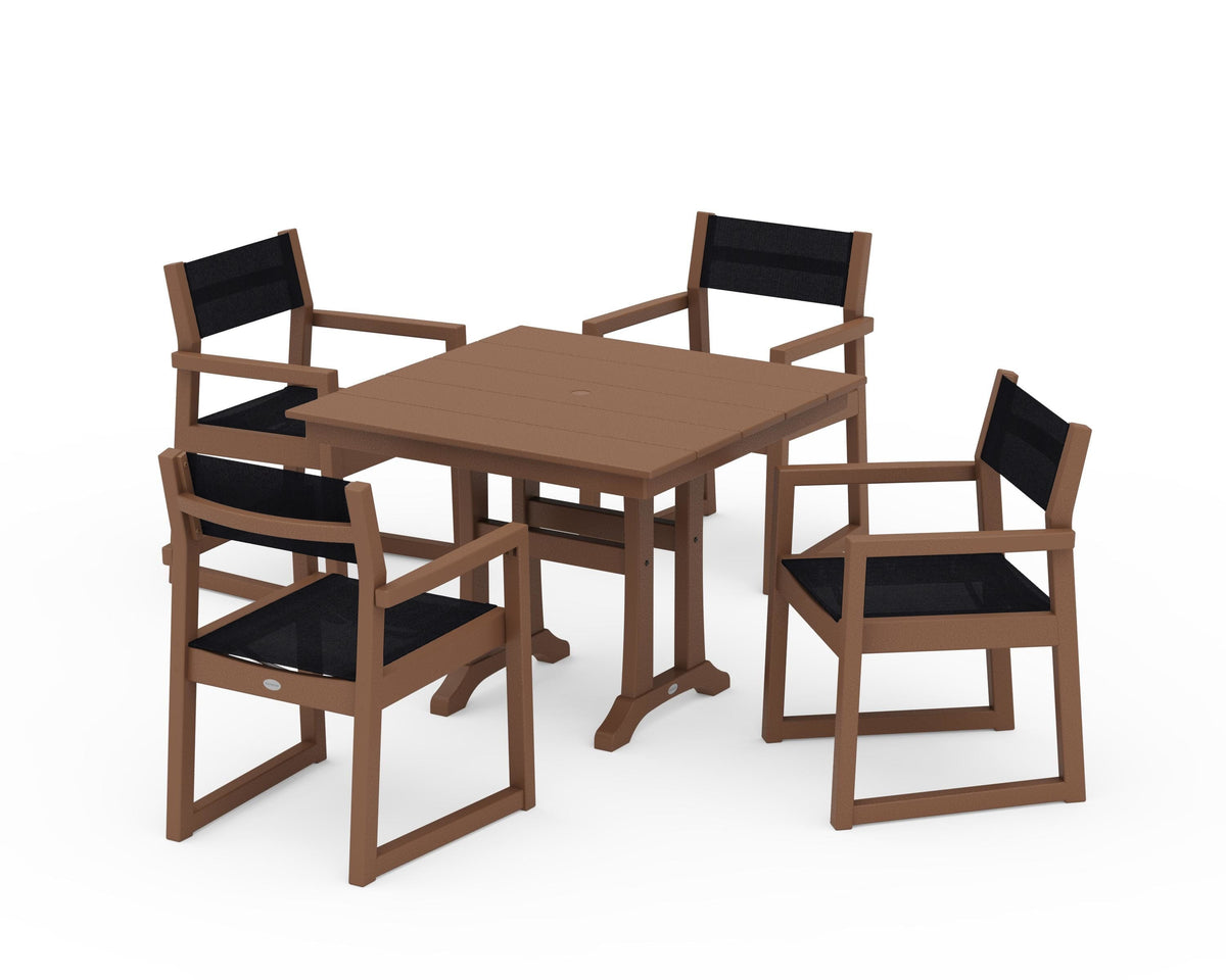POLYWOOD EDGE Sling 5-Piece Farmhouse Dining Set with Trestle Legs in Teak / Black