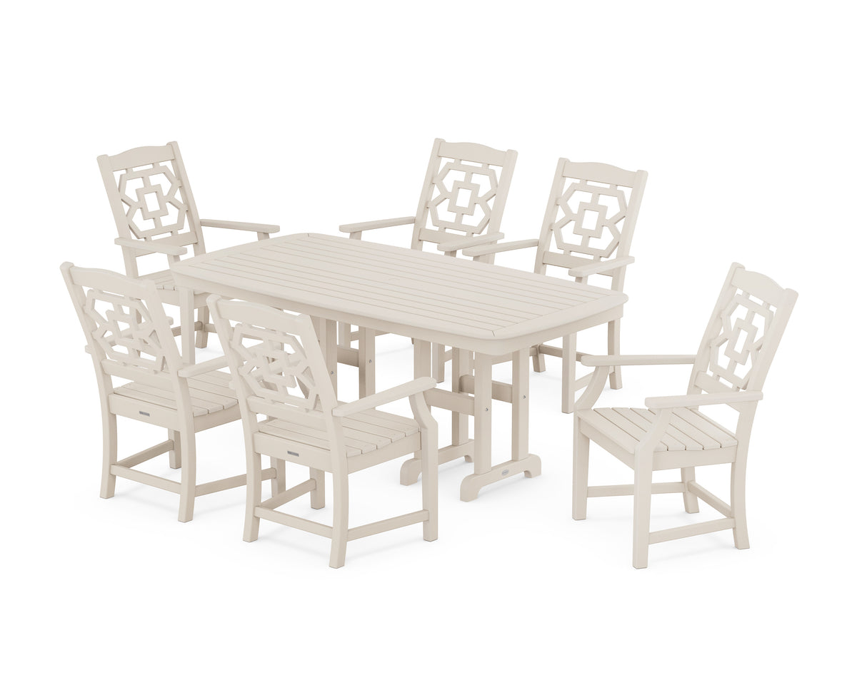 POLYWOOD Chinoiserie Arm Chair 7-Piece Dining Set in Sand