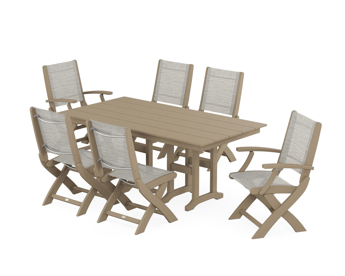 POLYWOOD Coastal Folding Chair 7-Piece Farmhouse Dining Set in Vintage Sahara / Birch