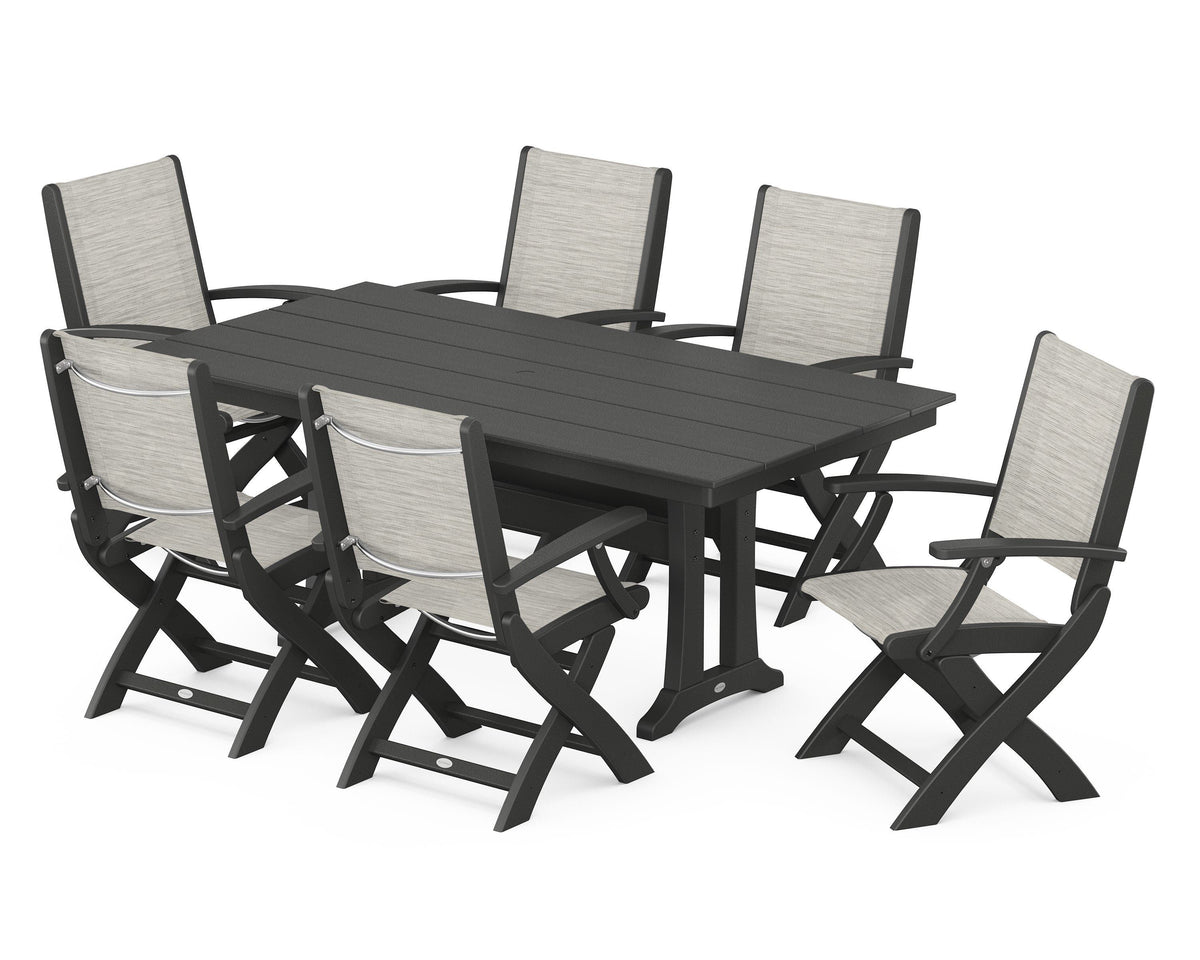 POLYWOOD Coastal Folding Arm Chair 7-Piece Farmhouse Dining Set with Trestle Legs in Black / Birch