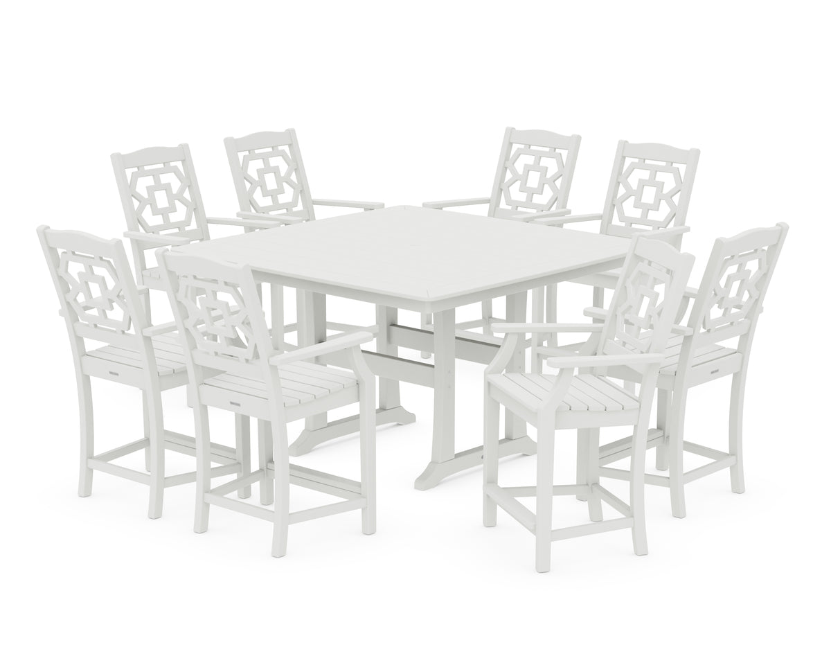 POLYWOOD Chinoiserie 9-Piece Square Counter Set with Trestle Legs in Vintage White