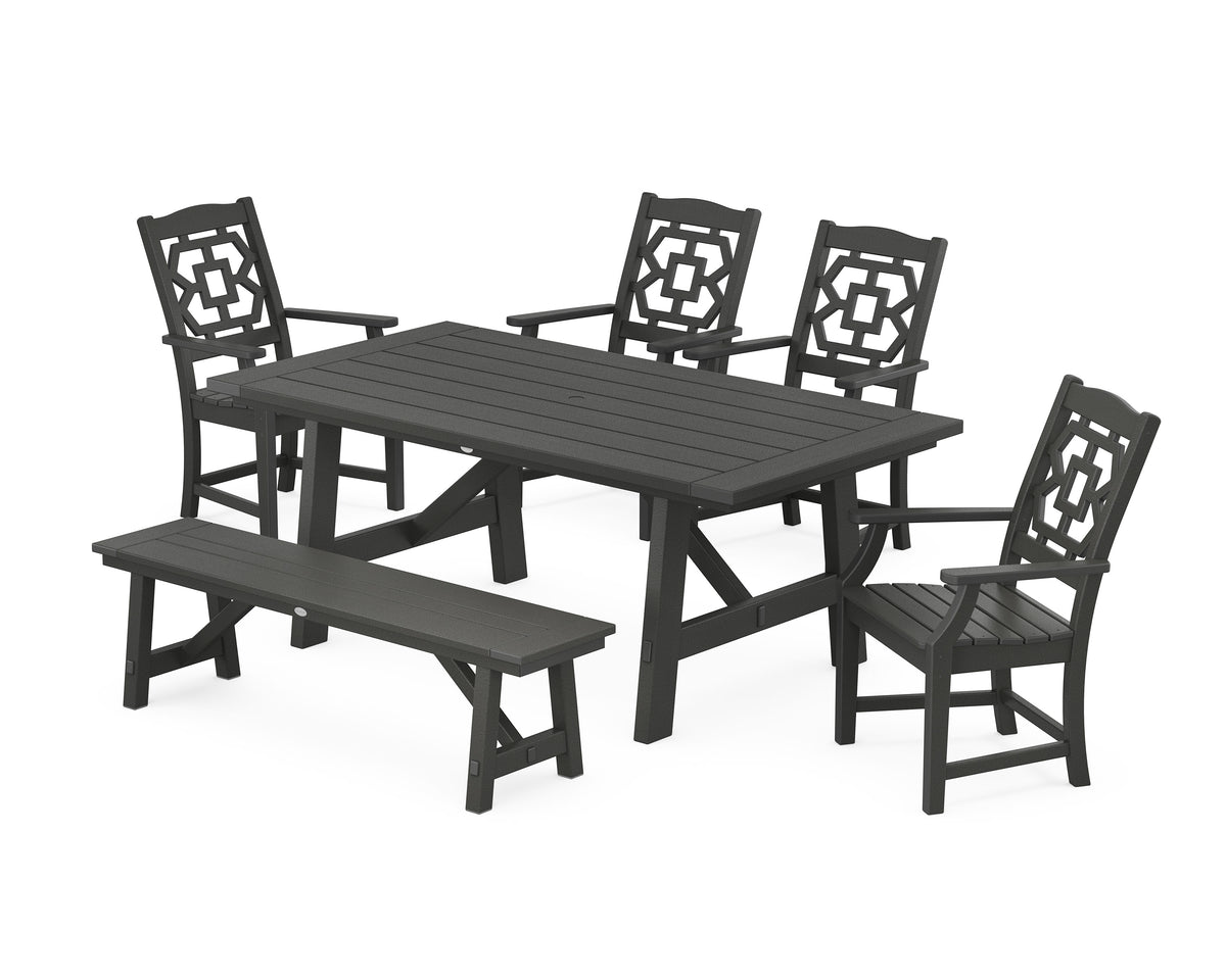 POLYWOOD Chinoiserie 6-Piece Rustic Farmhouse Dining Set with Bench in Black