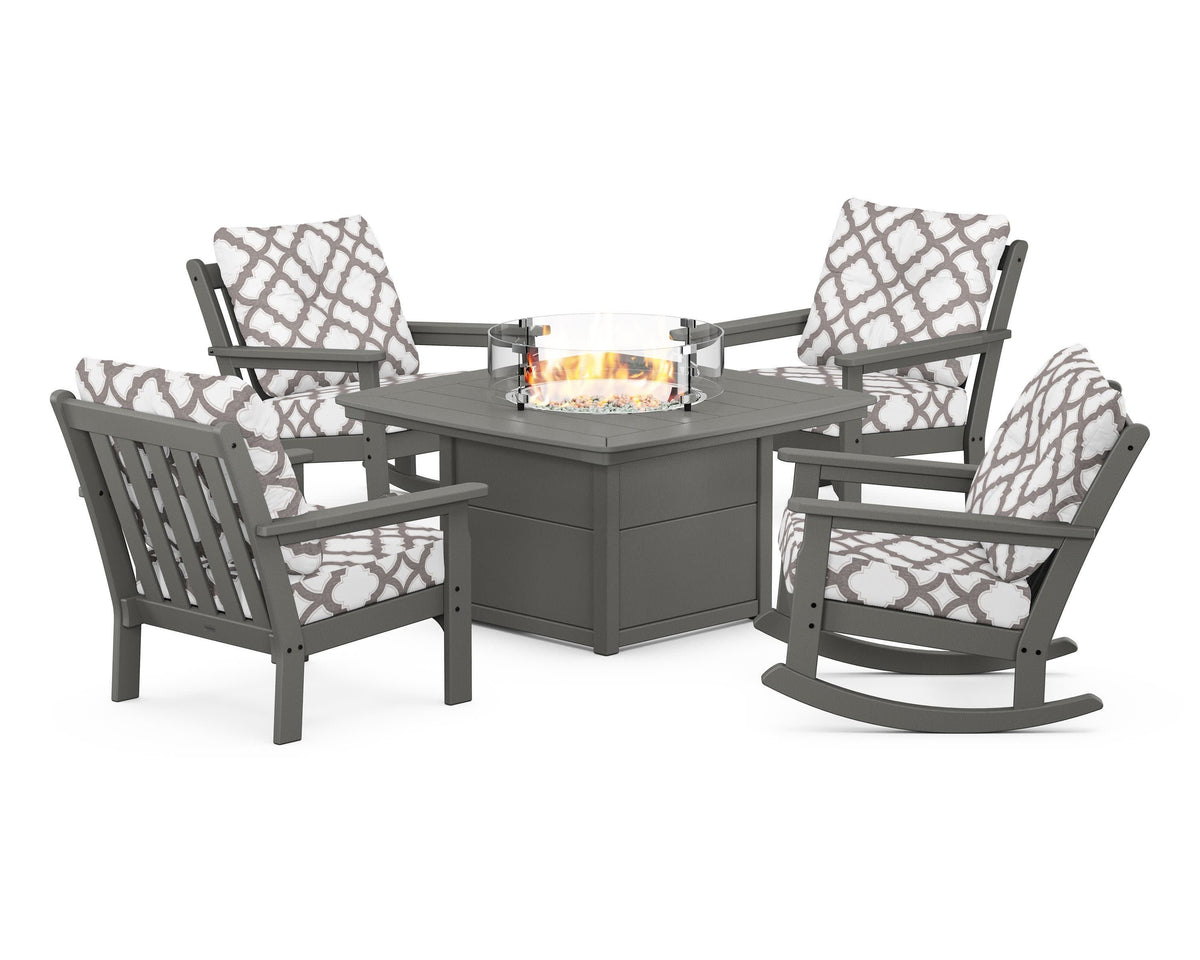 POLYWOOD Vineyard 5-Piece Deep Seating Rocking Chair Conversation Set with Fire Pit Table in Slate Grey / Trellis Grey Mist