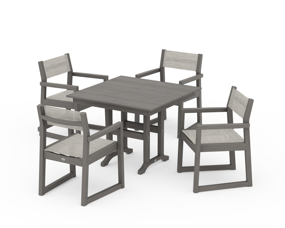 POLYWOOD EDGE Sling Arm Chair 5-Piece Farmhouse Dining Set in Driftwood / Birch