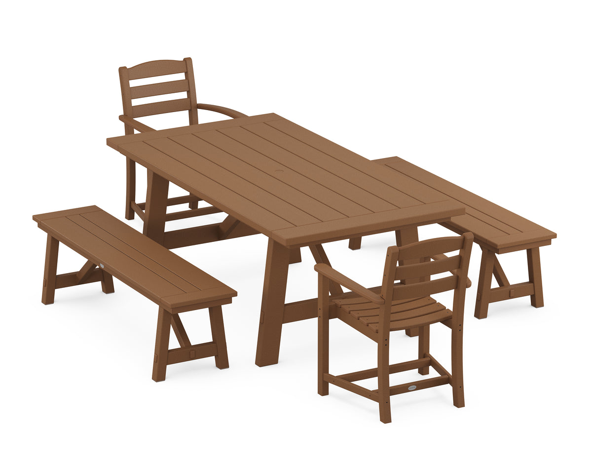 POLYWOOD La Casa Café 5-Piece Rustic Farmhouse Dining Set with Benches in Teak