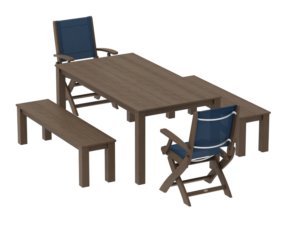 POLYWOOD Coastal Folding Chair 5-Piece Parsons Dining Set with Benches in Kona / Navy Blue