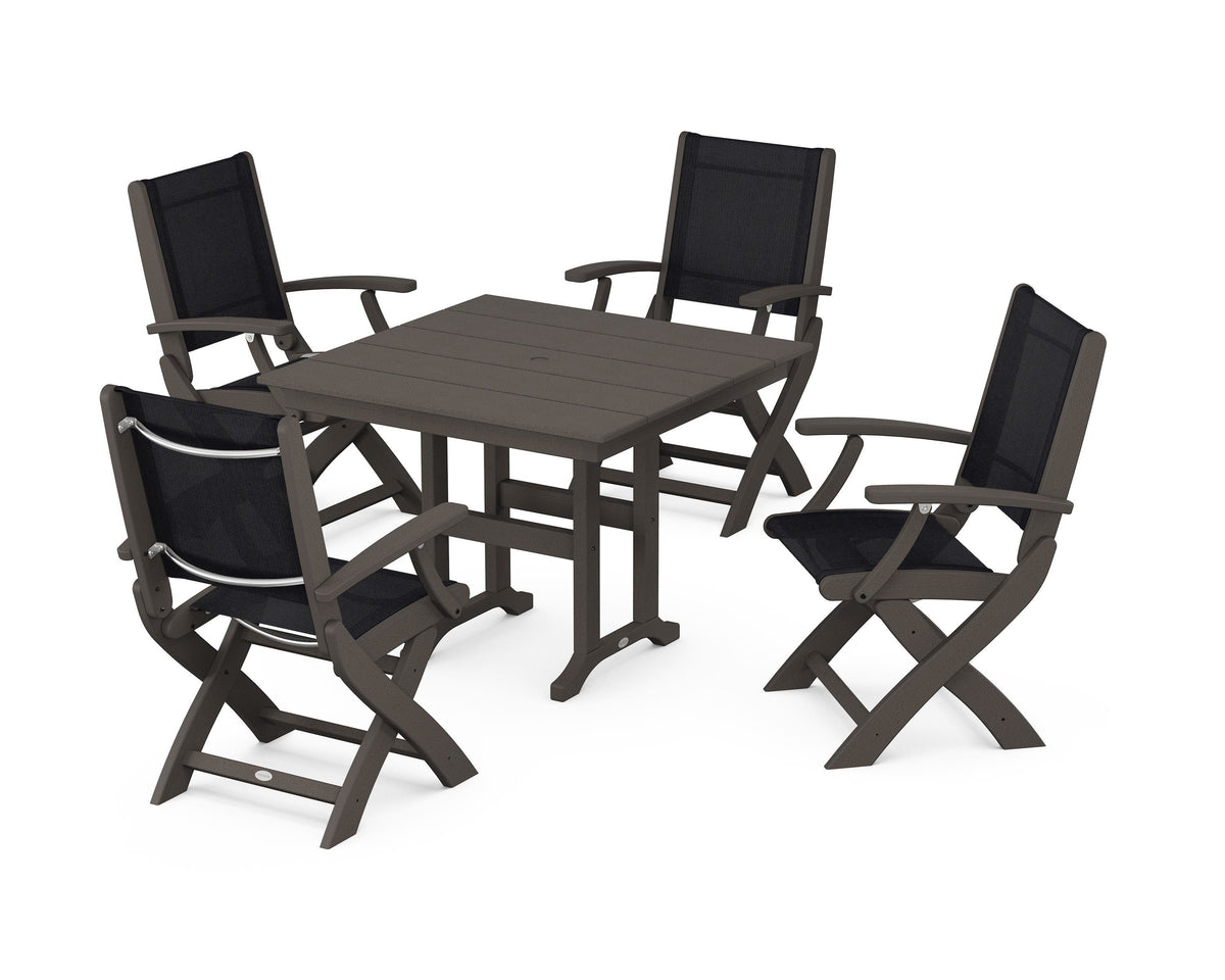 POLYWOOD Coastal Folding Chair 5-Piece Farmhouse Dining Set in Vintage Coffee / Black