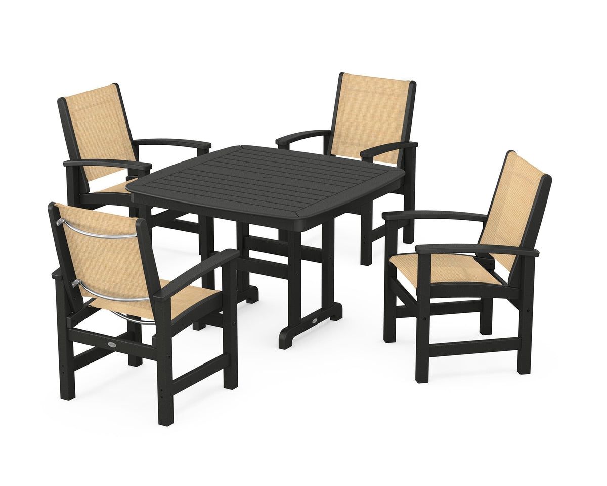 POLYWOOD Coastal 5-Piece Dining Set with Nautical 44" Dining Table in Black / Dupioni Apricot
