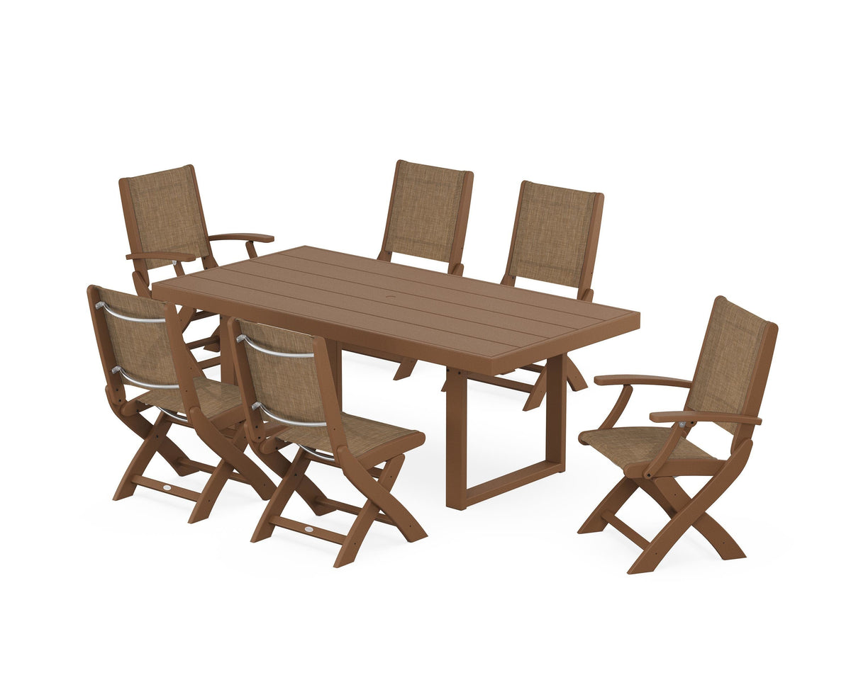 POLYWOOD Coastal Folding Chair 7-Piece Dining Set with Trestle Legs with EDGE 40" x 78" Dining Table in Teak / Burlap