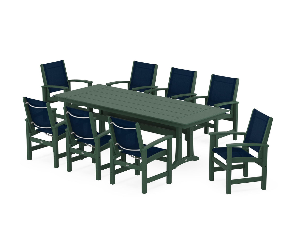 POLYWOOD Coastal 9-Piece Farmhouse Dining Set with Trestle Legs in Green / Navy Blue