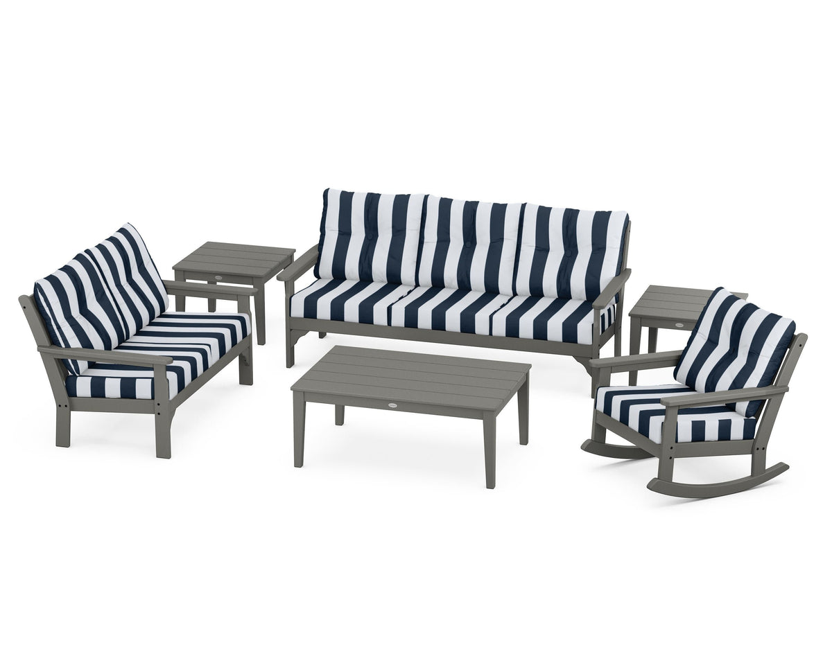POLYWOOD Vineyard 6-Piece Deep Seating Set with Rocking Chair in Slate Grey / Cabana Stripe Marine Indigo