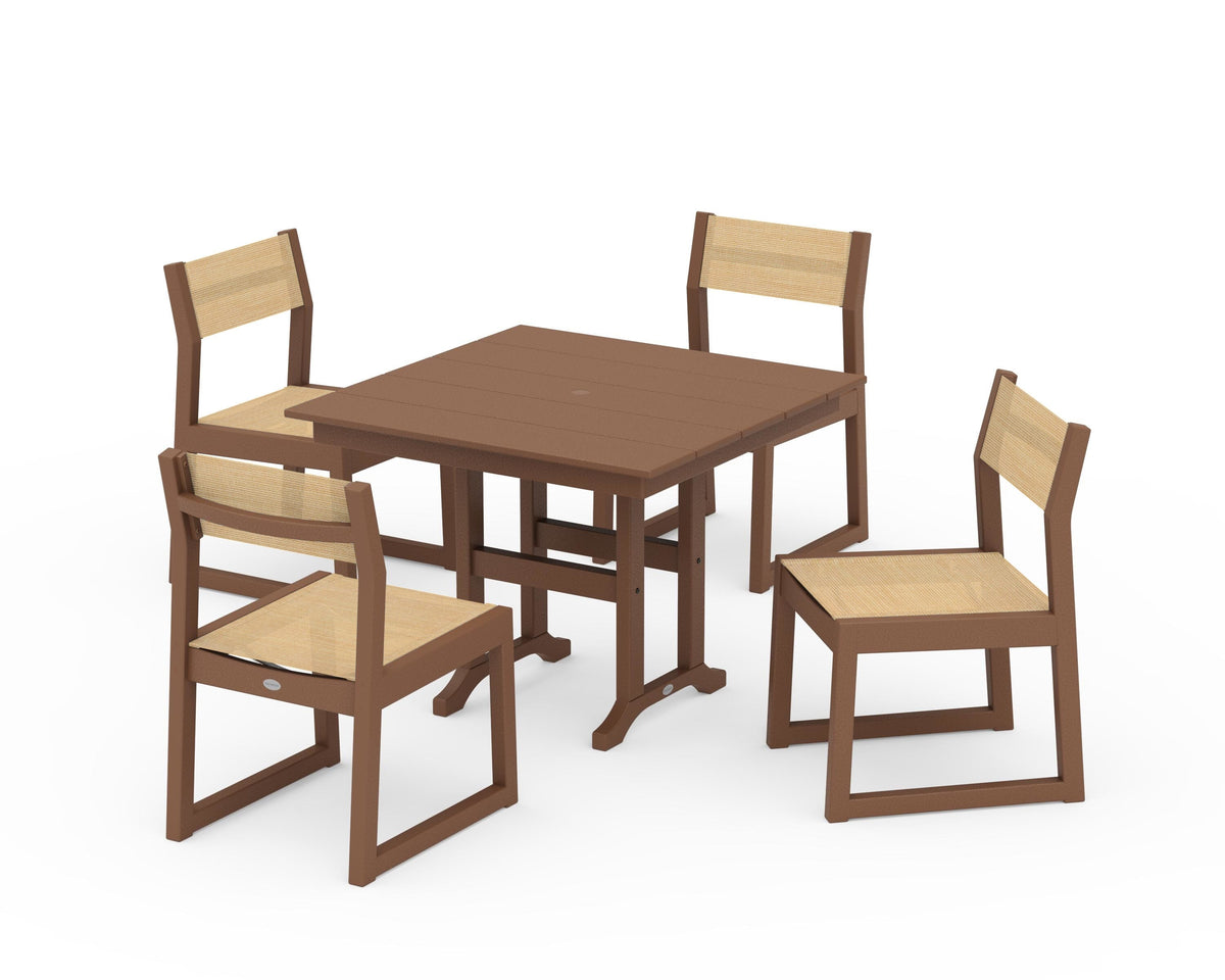 POLYWOOD EDGE Sling Side Chair 5-Piece Farmhouse Dining Set in Teak / Dupioni Apricot