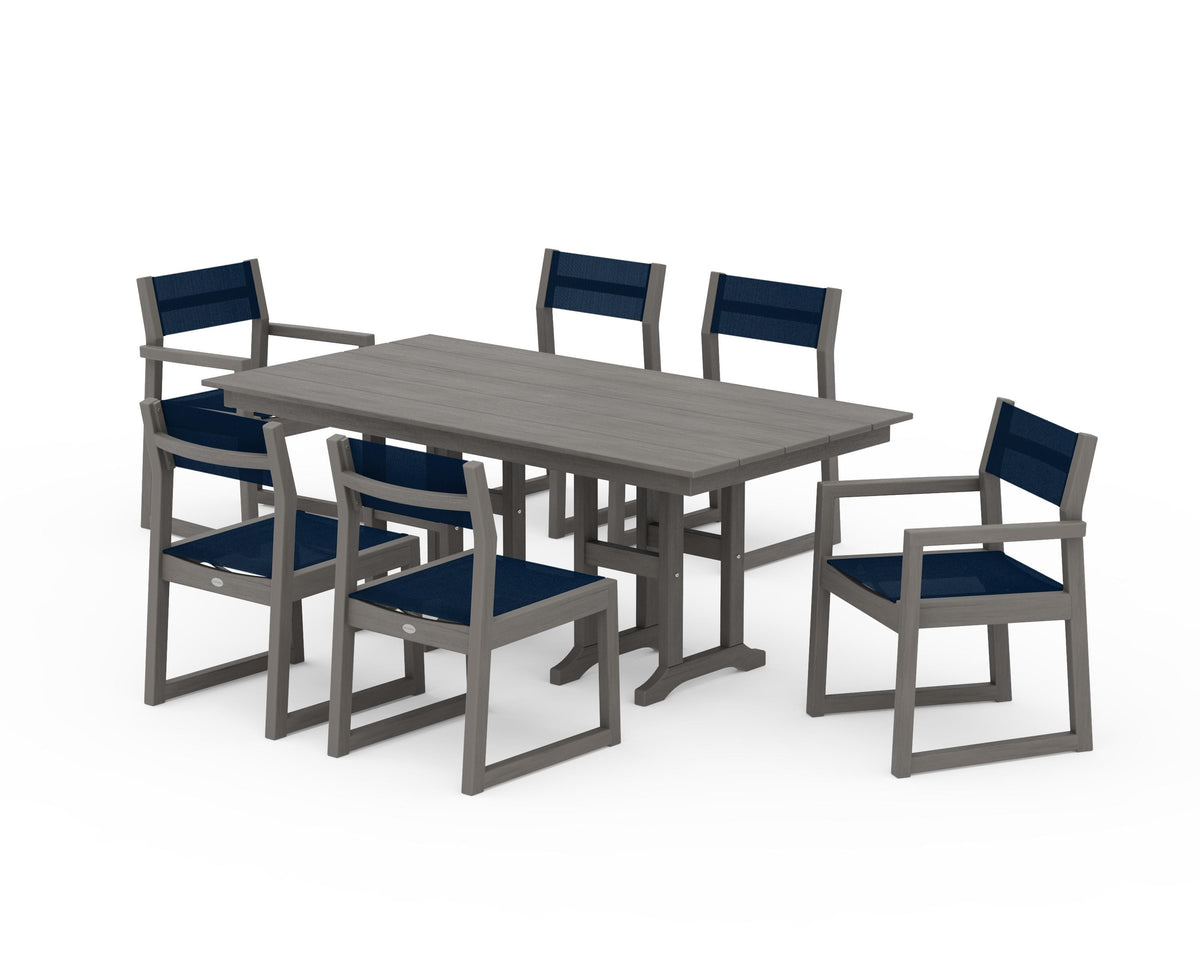 POLYWOOD EDGE Sling 7-Piece Farmhouse Dining Set in Driftwood / Navy Blue