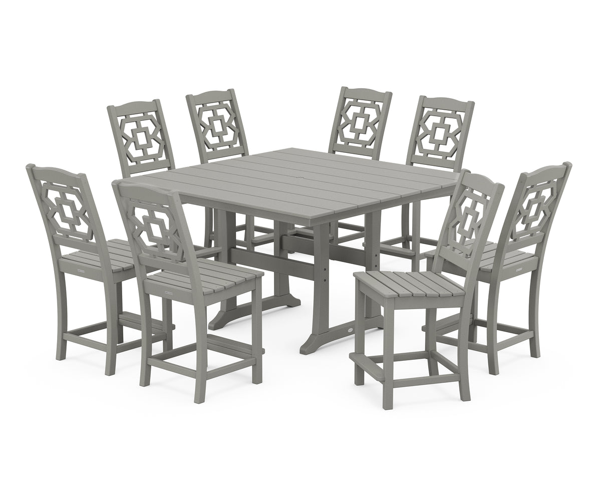 POLYWOOD Chinoiserie 9-Piece Square Farmhouse Side Chair Counter Set with Trestle Legs in Slate Grey
