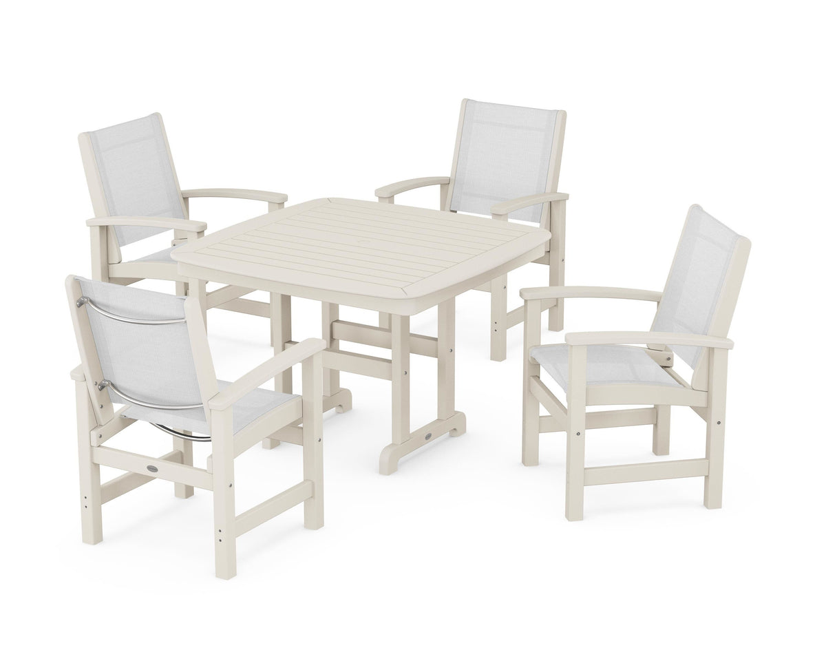 POLYWOOD Coastal 5-Piece Dining Set with Nautical 44" Dining Table in Sand / White