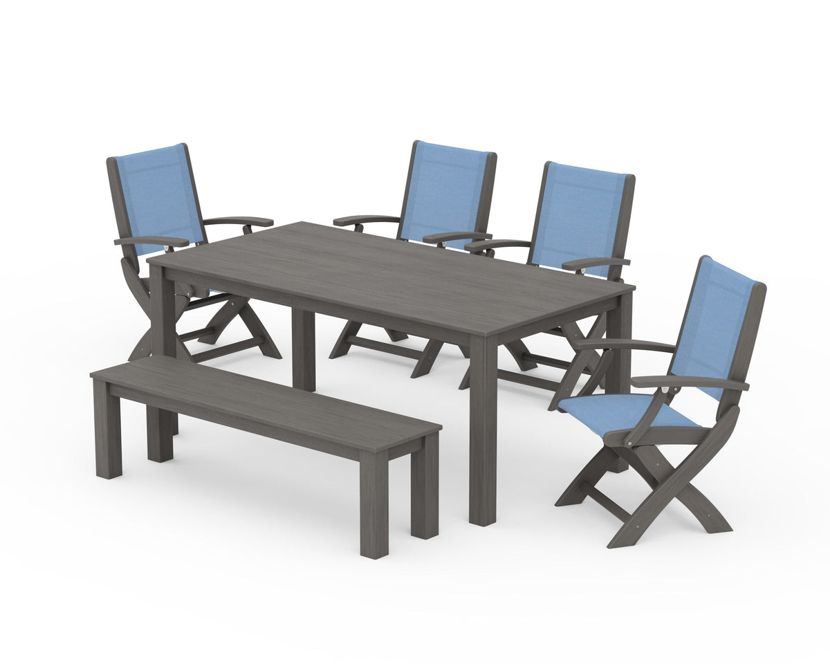 POLYWOOD Coastal Folding Chair 6-Piece Parsons Dining Set with Bench in Driftwood / Poolside
