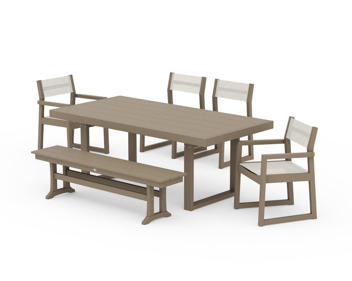 POLYWOOD EDGE Sling 6-Piece Dining Set with Bench in Vintage Sahara / Parchment