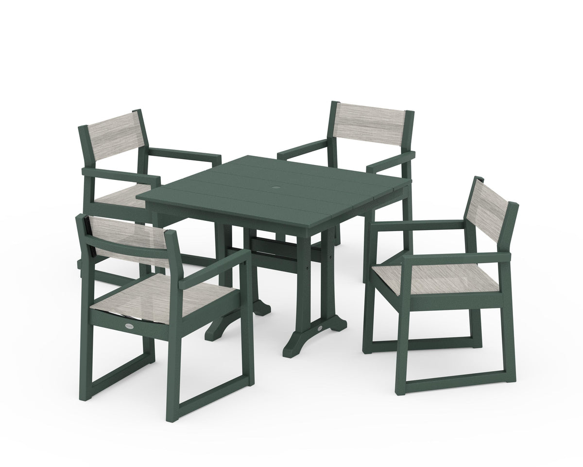 POLYWOOD EDGE Sling 5-Piece Farmhouse Dining Set with Trestle Legs in Green / Birch