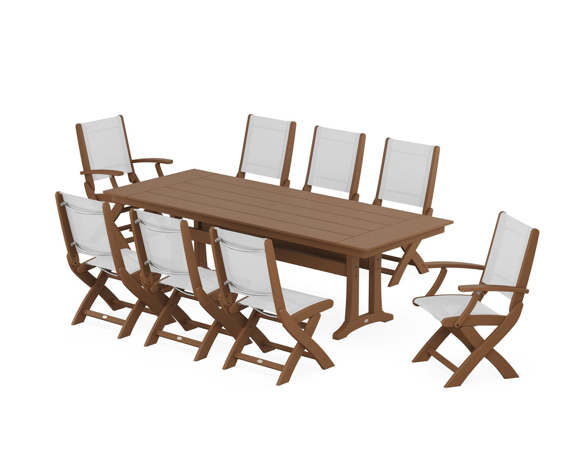 POLYWOOD Coastal 9-Piece Folding Dining Chair Farmhouse Dining Set with Trestle Legs in Teak / White