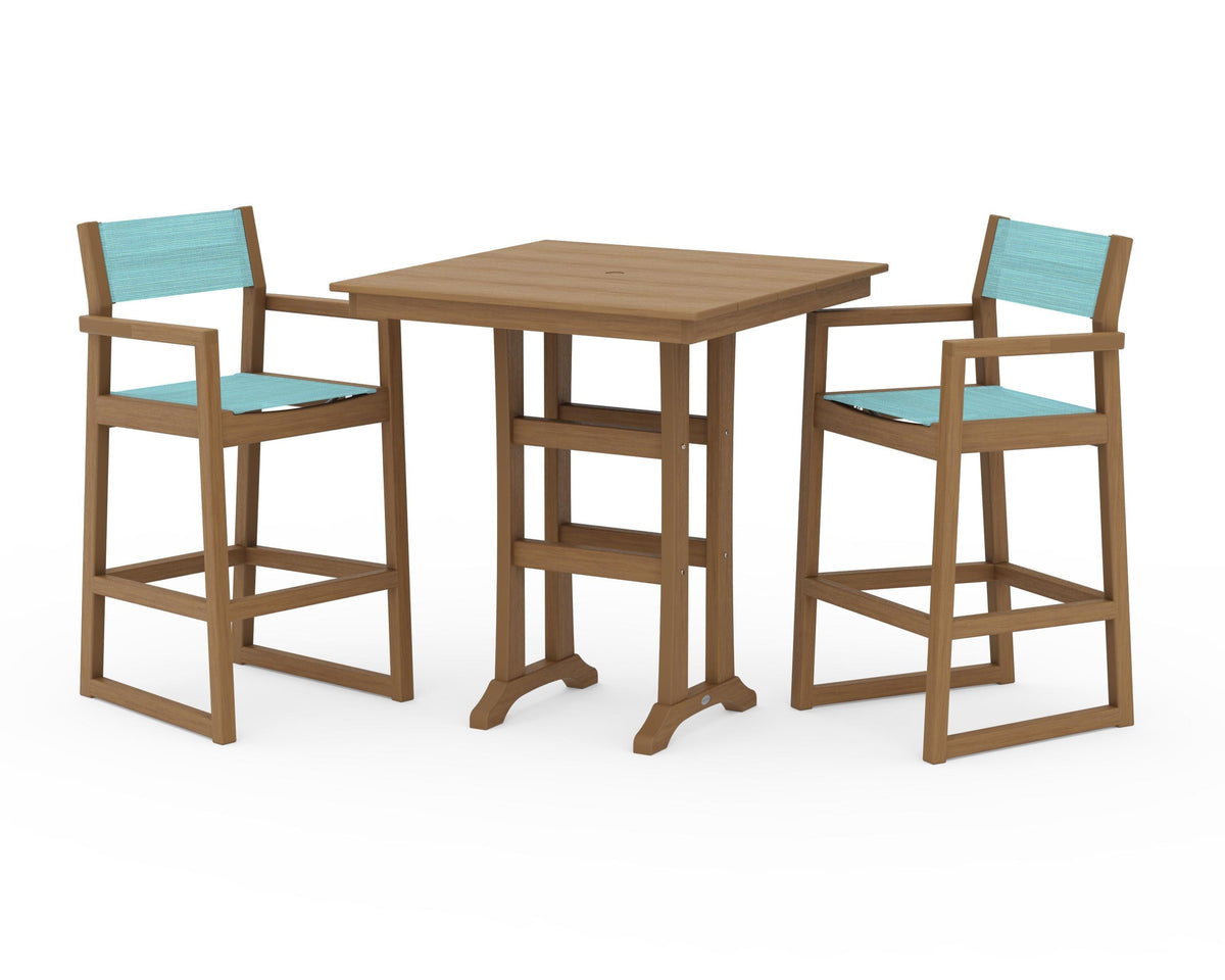 POLYWOOD EDGE Sling Arm Chair 3-Piece Farmhouse Bar Set with Trestle Legs in Natural / Dupioni Aquamarine