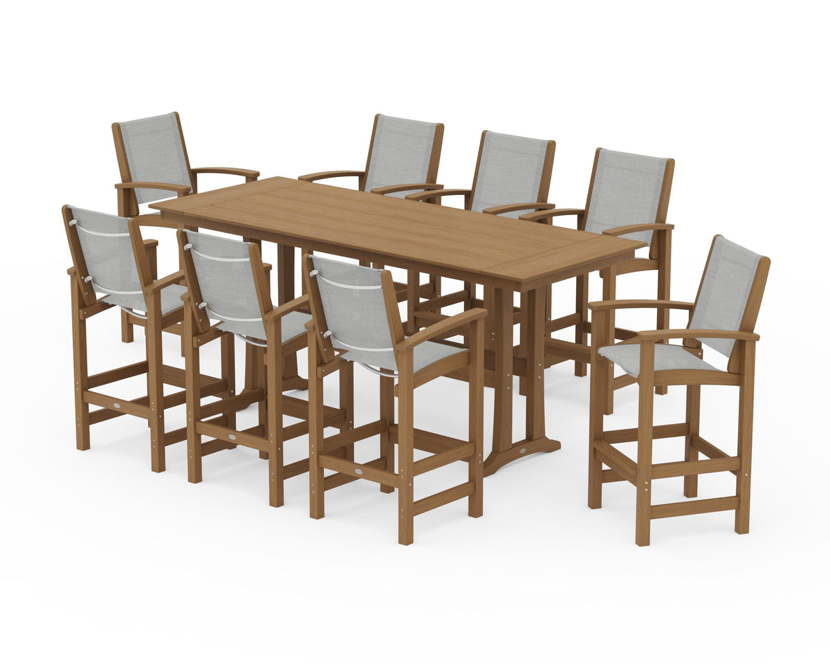 POLYWOOD Coastal 9-Piece Farmhouse Bar Set with Trestle Legs in Natural / Metallic