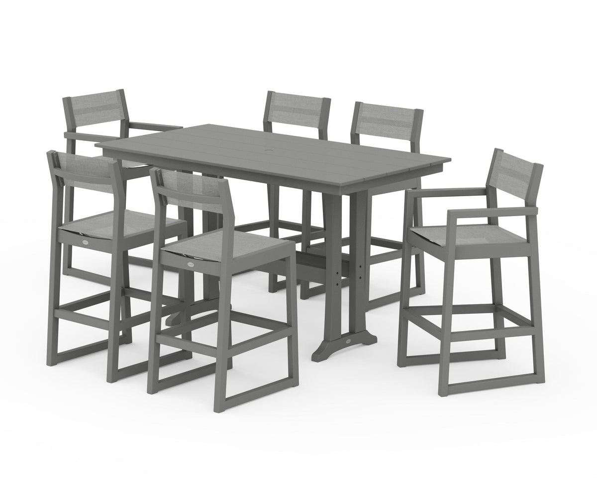 POLYWOOD EDGE Sling 7-Piece Farmhouse Bar Set with Trestle Legs in Slate Grey / Metallic