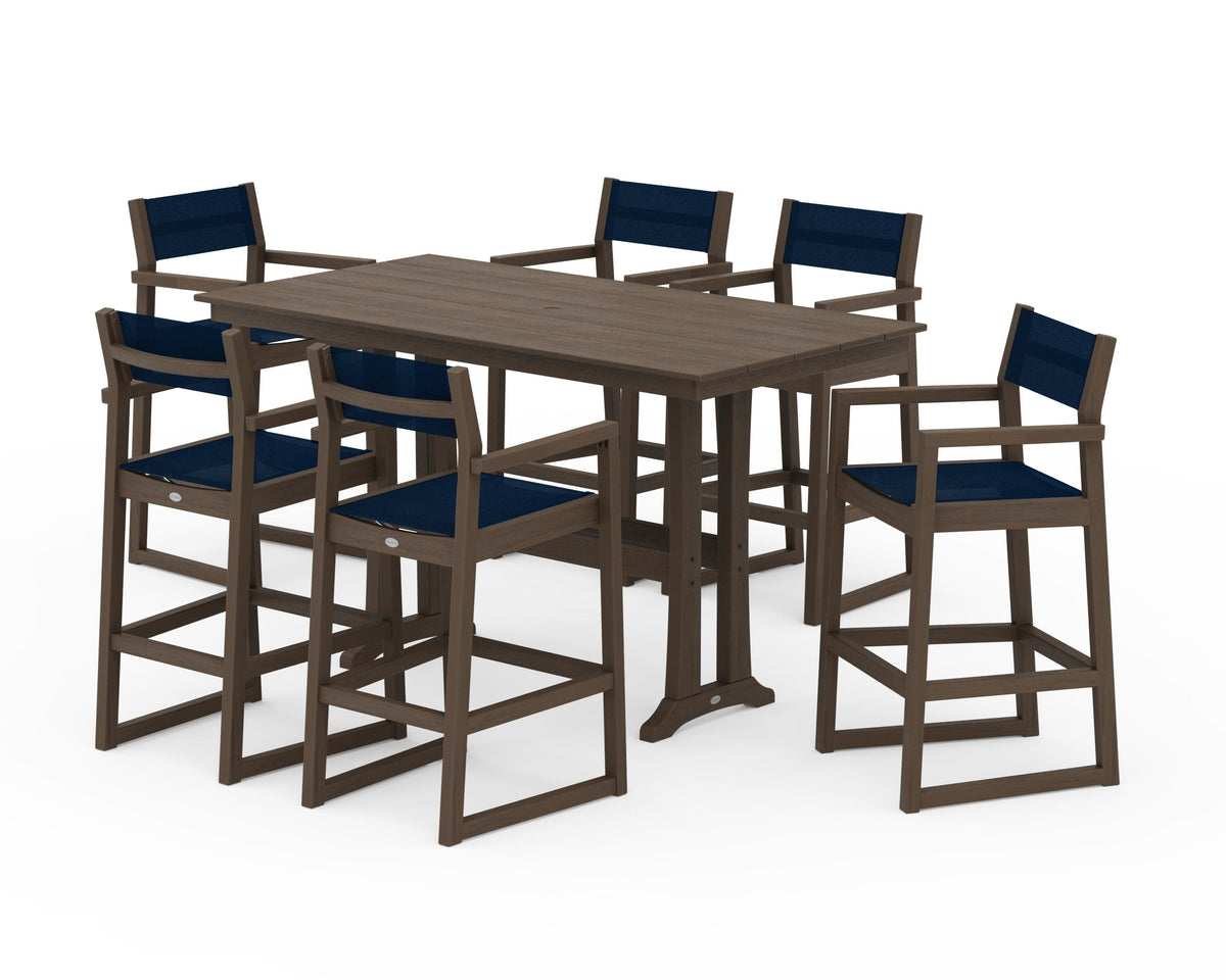 POLYWOOD EDGE Sling Arm Chair 7-Piece Farmhouse Bar Set with Trestle Legs in Kona / Navy Blue