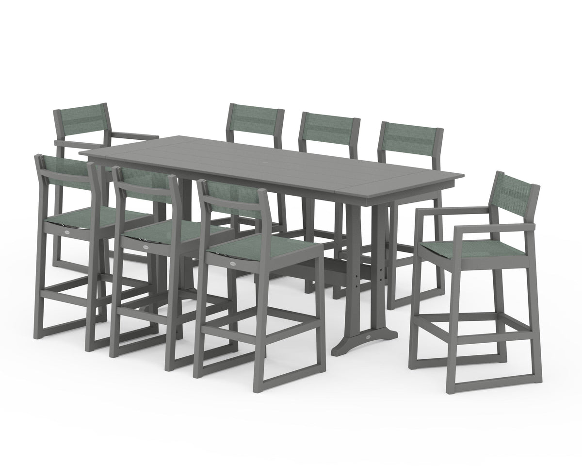 POLYWOOD EDGE Sling 9-Piece Farmhouse Bar Set with Trestle Legs in Slate Grey / Dupioni Sea Mist