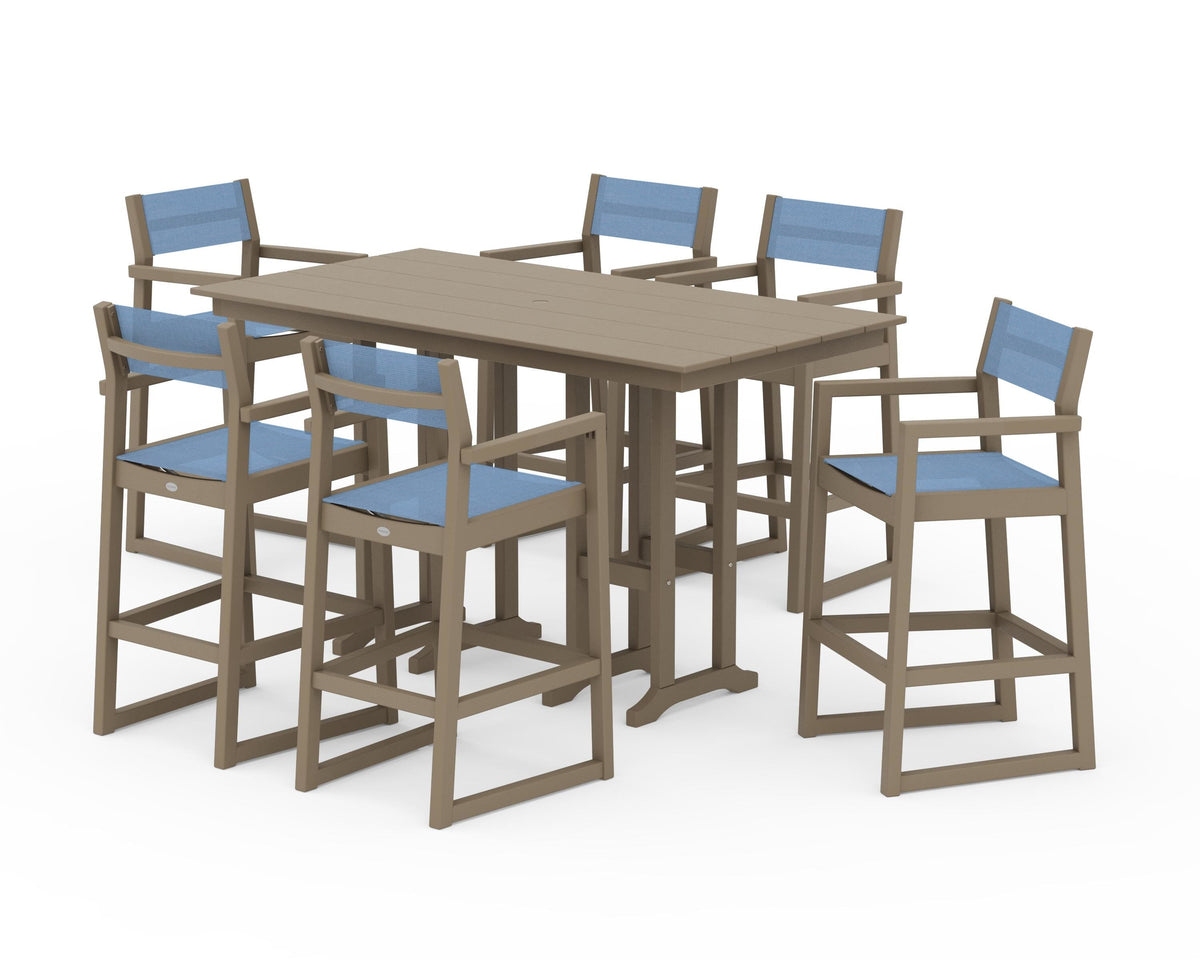 POLYWOOD EDGE Sling Arm Chair 7-Piece Farmhouse Bar Set in Vintage Sahara / Poolside
