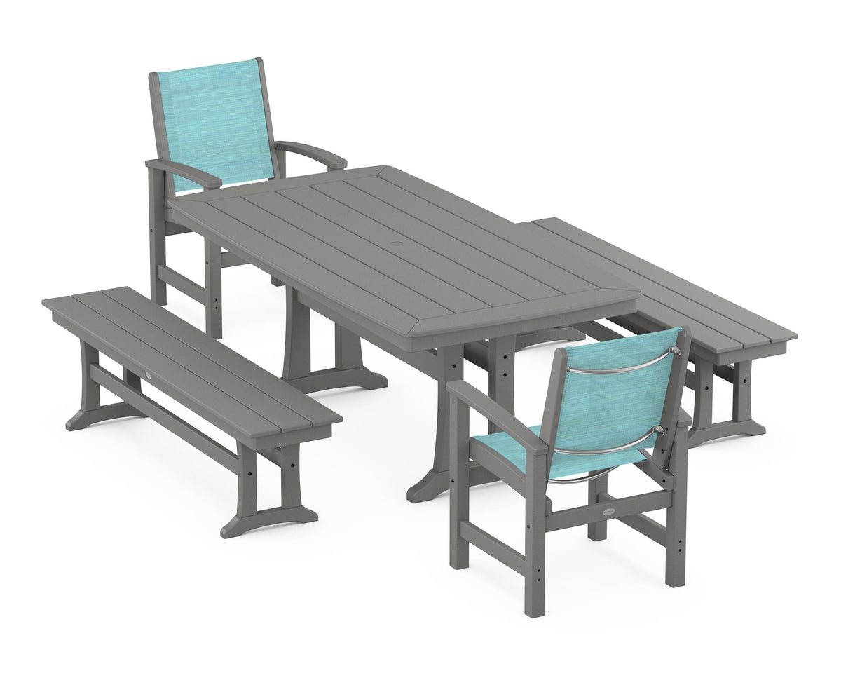 POLYWOOD Coastal 5-Piece Dining Set with Trestle Legs and Benches in Slate Grey / Dupioni Aquamarine