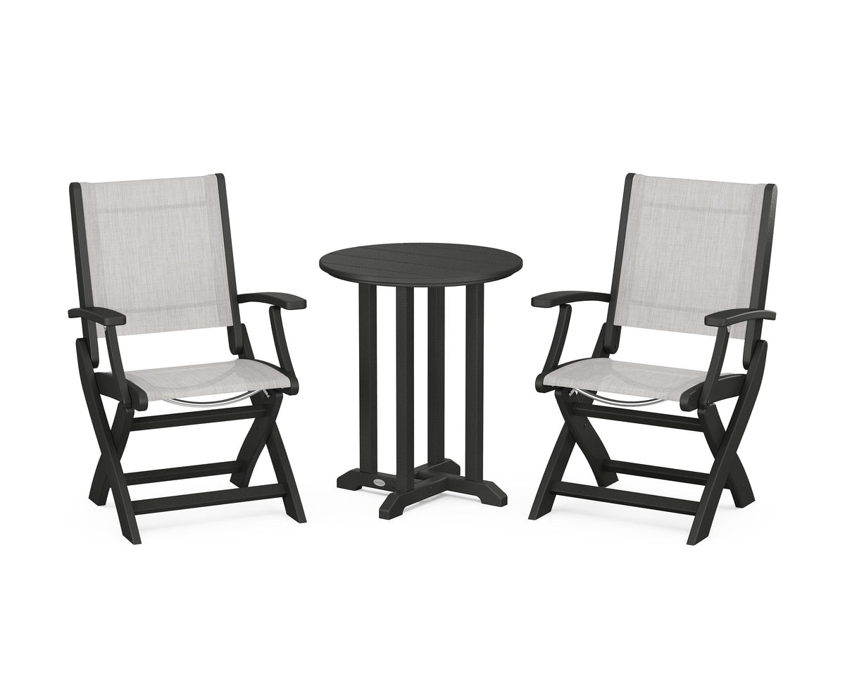 POLYWOOD Coastal Folding 3-Piece Round Bistro Dining Set in Black / Parchment