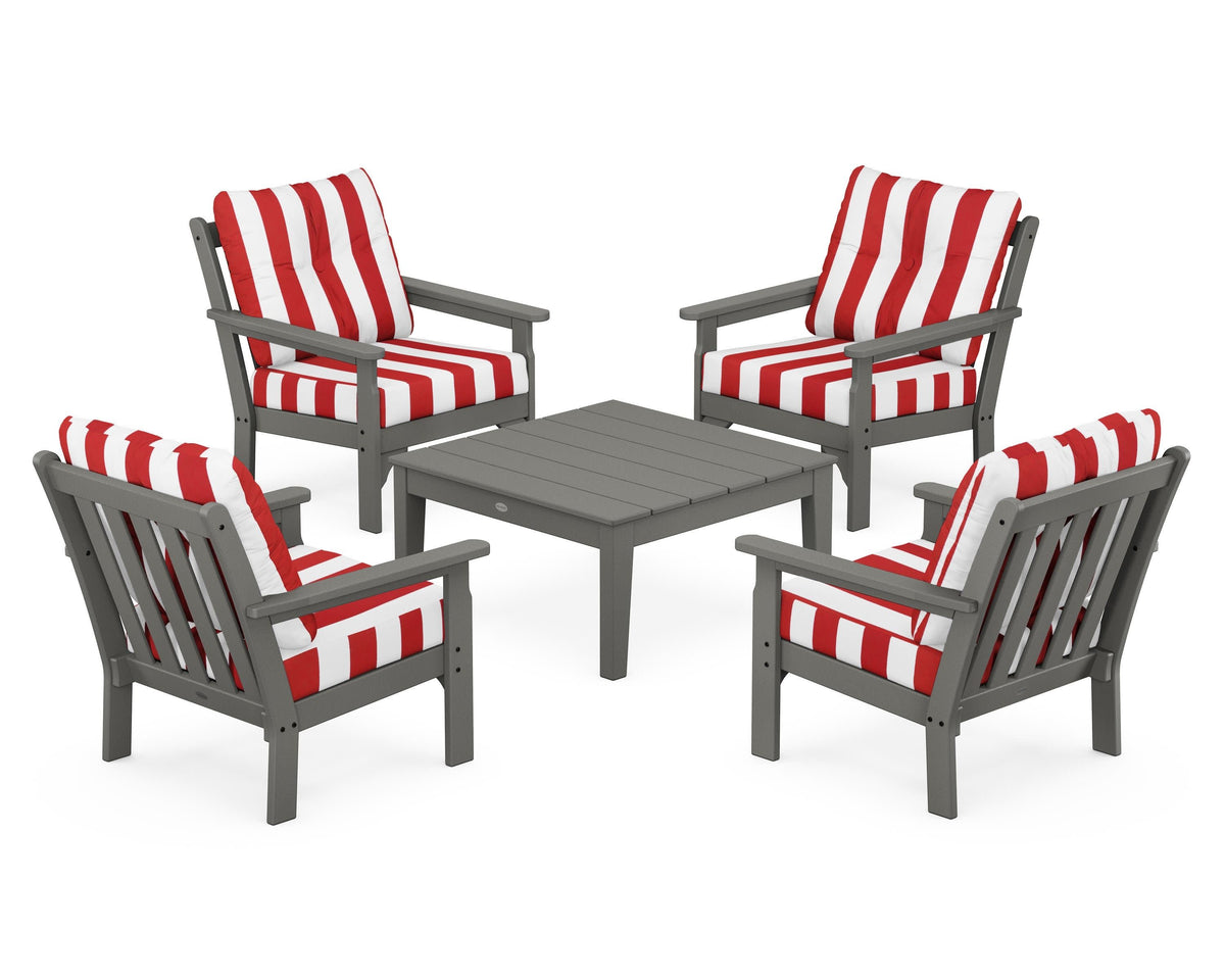 POLYWOOD Vineyard 5-Piece Deep Seating Conversation Set in Slate Grey / Cabana Stripe Crimson