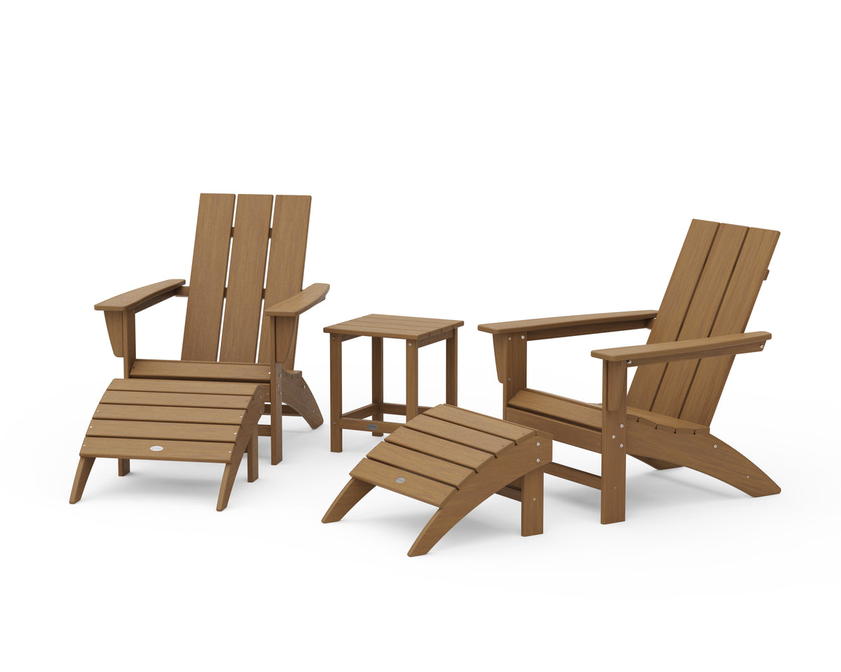 POLYWOOD Modern Adirondack Chair 5-Piece Set with Ottomans and 18" Side Table in Natural