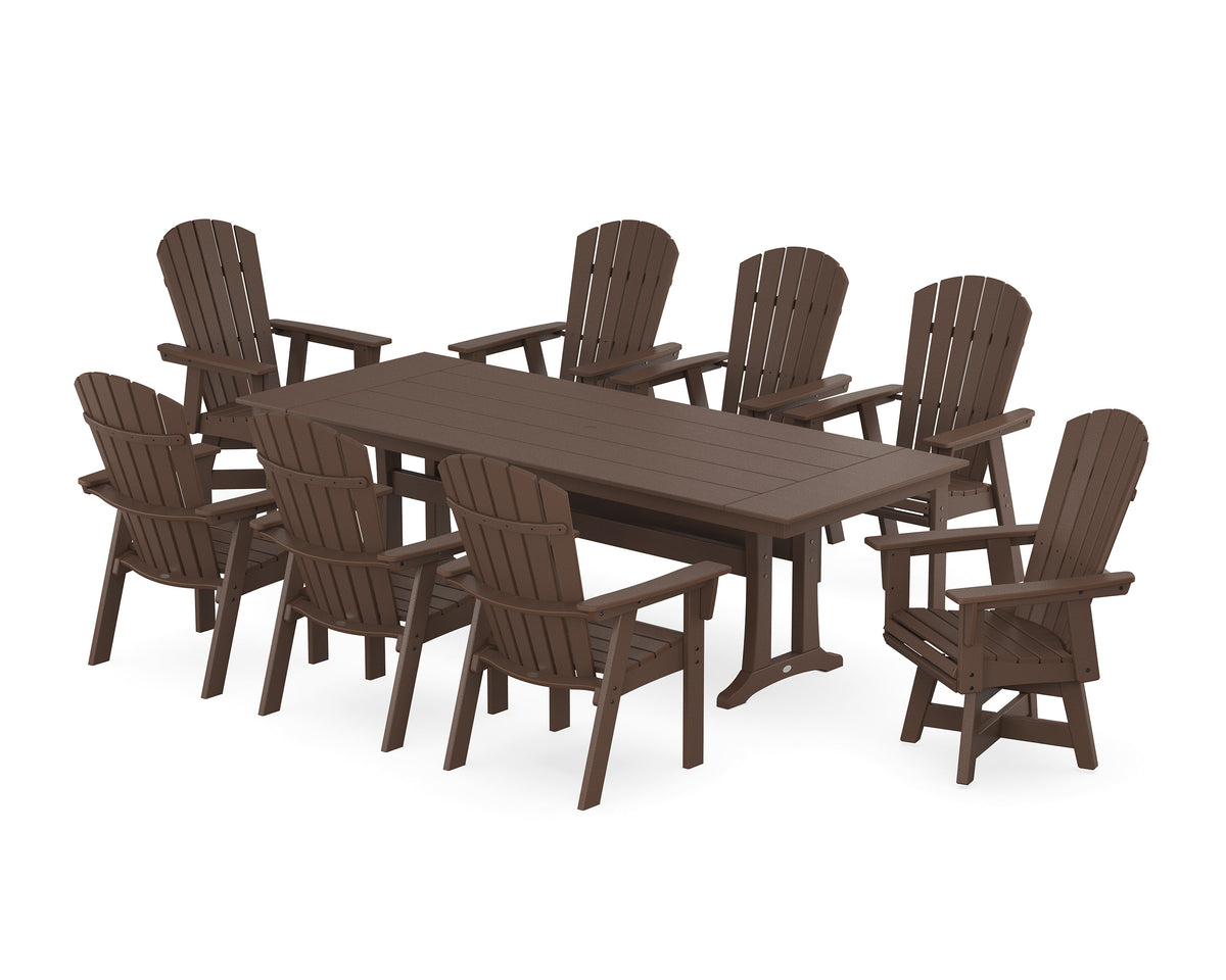 POLYWOOD Nautical Curveback Adirondack Swivel 9-Piece Farmhouse Dining Set with Trestle Legs in Mahogany