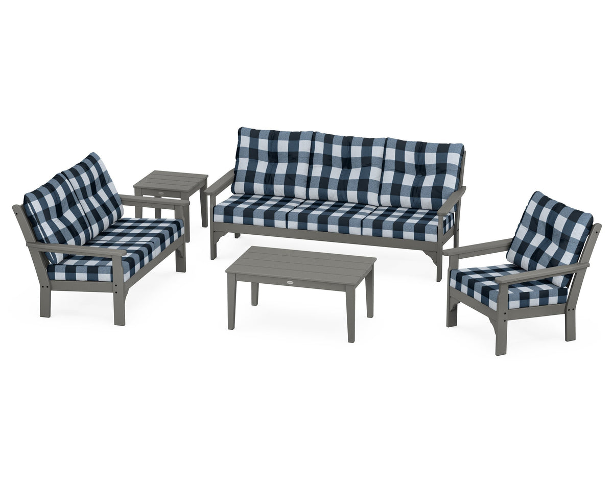 POLYWOOD Vineyard 5-Piece Deep Seating Set with Sofa in Slate Grey / Buffalo Plaid Marine Indigo