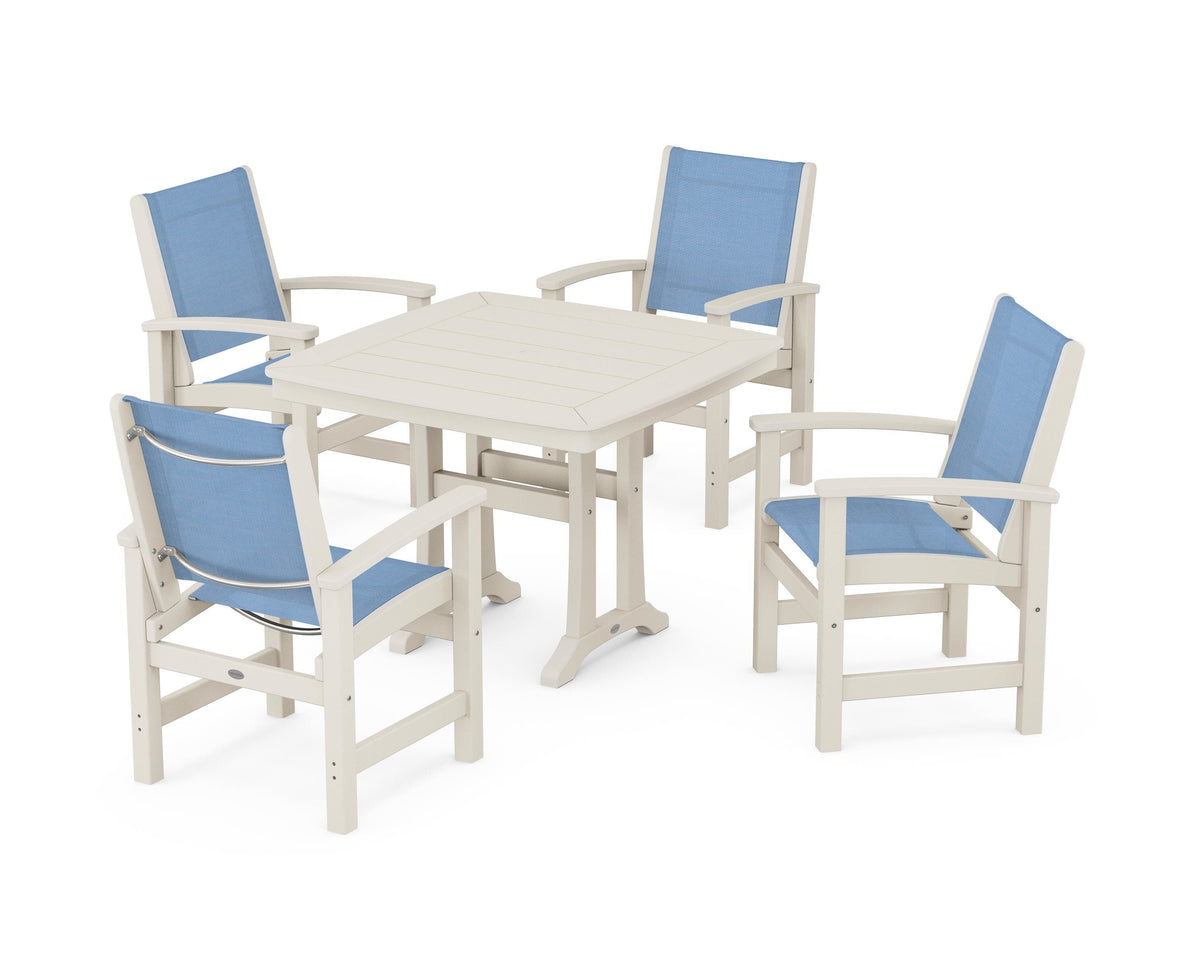 POLYWOOD Coastal 5-Piece Dining Set with Trestle Legs with Nautical Trestle 37" Dining Table in Sand / Poolside