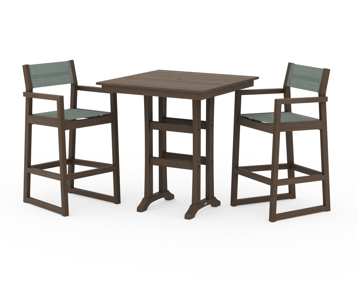 POLYWOOD EDGE Sling Arm Chair 3-Piece Farmhouse Bar Set with Trestle Legs in Kona / Dupioni Sea Mist
