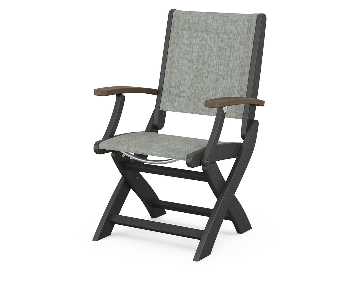 POLYWOOD Coastal Folding Chair in Black with Kona arms and Birch sling