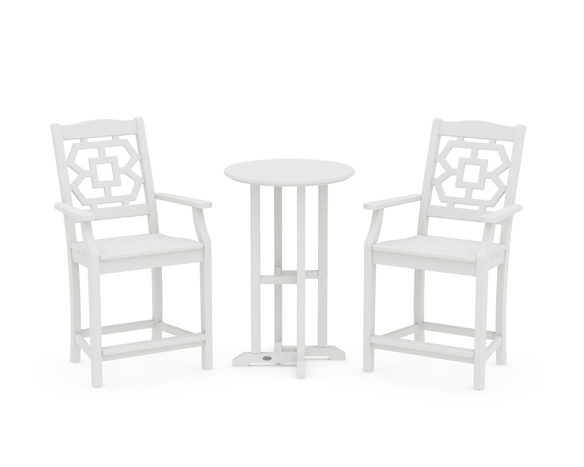POLYWOOD Chinoiserie 3-Piece Farmhouse Bistro Counter Set in Vintage White