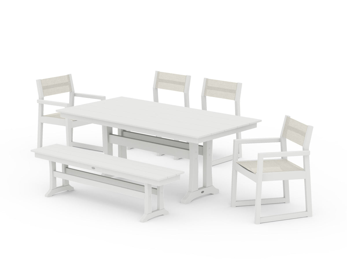 POLYWOOD EDGE Sling 6-Piece Farmhouse Dining Set With Trestle Legs in Vintage White / Parchment