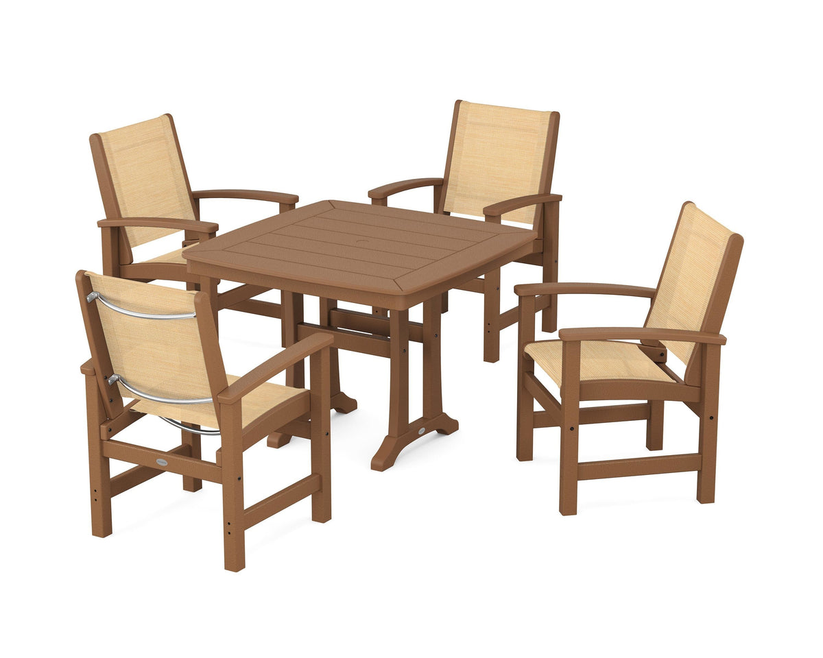 POLYWOOD Coastal 5-Piece Dining Set with Trestle Legs with Nautical Trestle 37" Dining Table in Teak / Dupioni Apricot