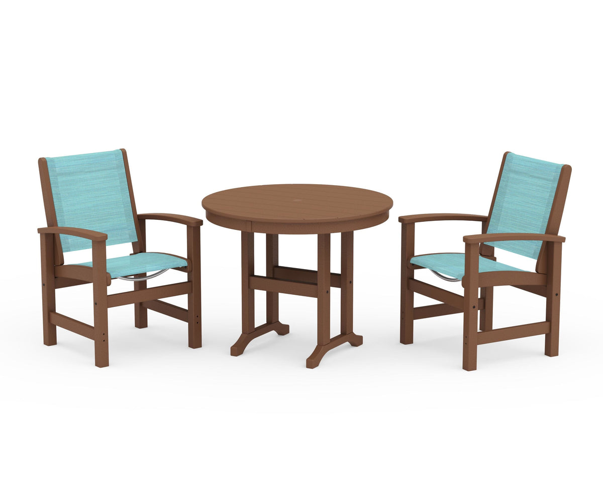 POLYWOOD Coastal 3-Piece Round Dining Set in Teak / Dupioni Aquamarine